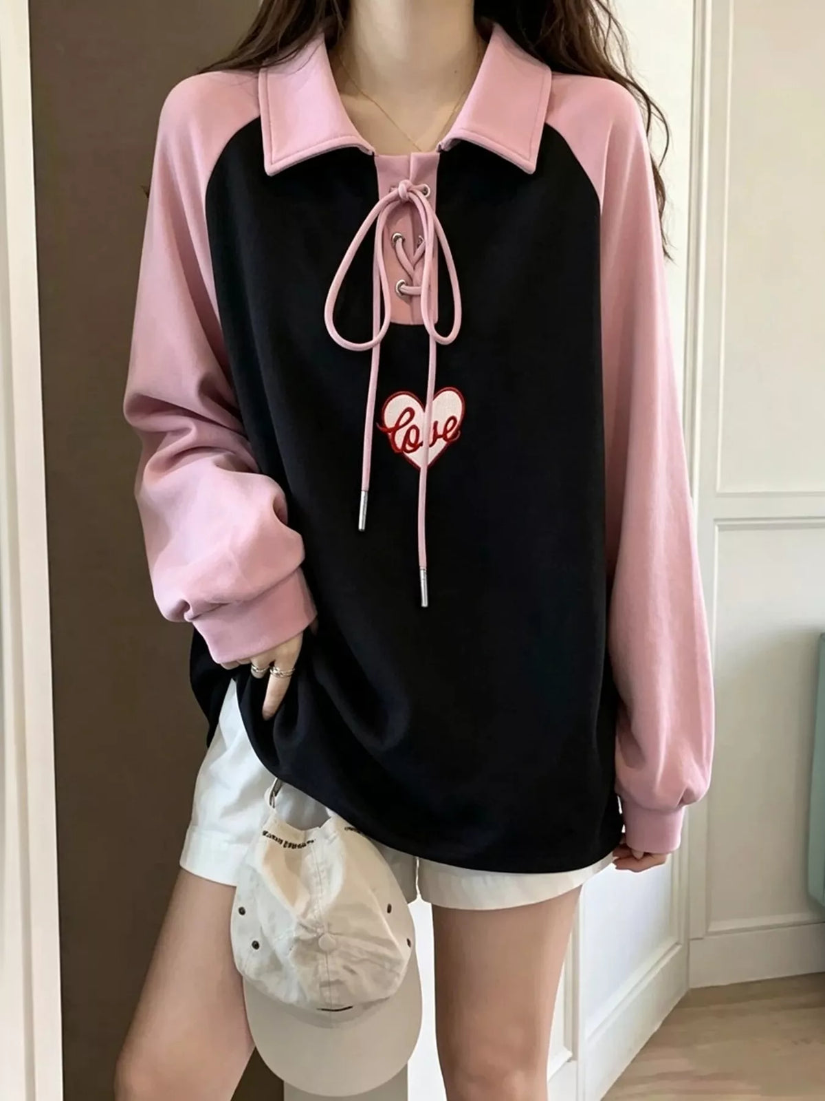 Heart Embroidery Lace-Up Detail Polo Collar Sweatshirt - Black - View 3