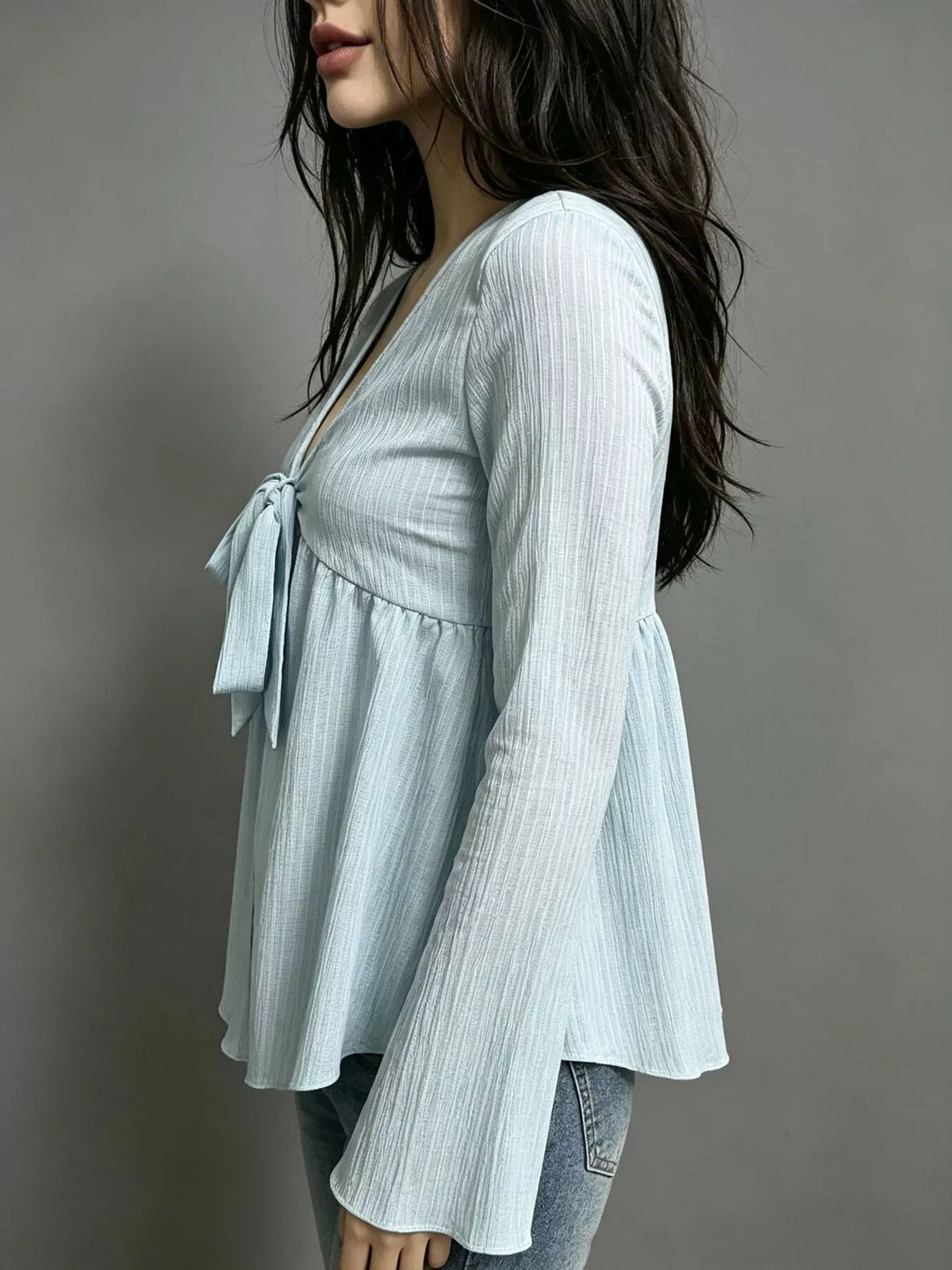 Tie-Front Flare Sleeve Blouse - Light Blue - View 3