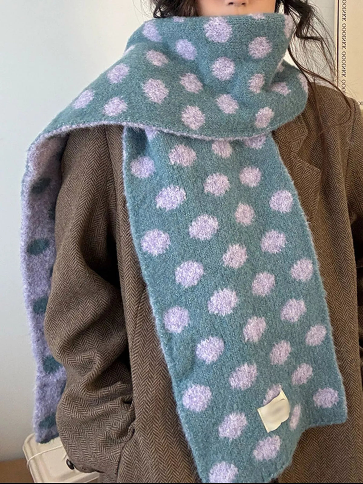 Polka Dot Knitted Scarf - Sky Blue - View 5