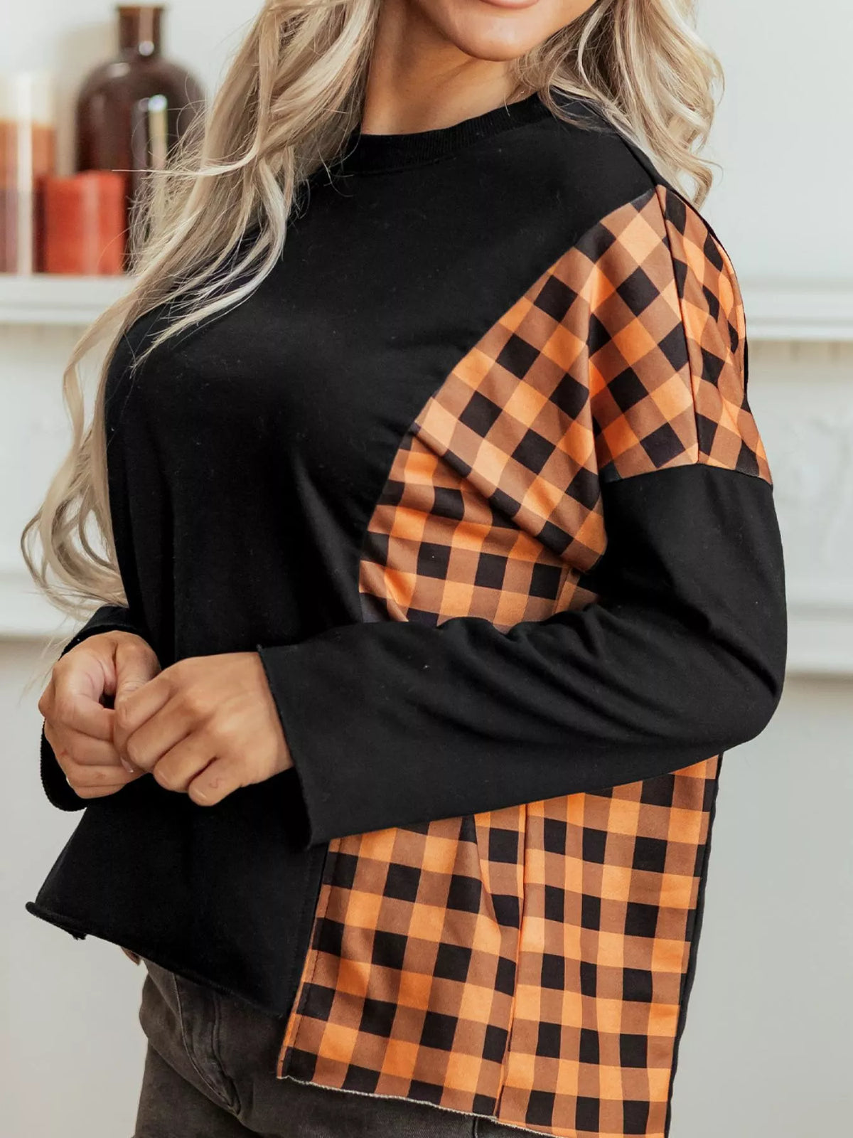 Patchwork Plaid Pumpkin Face Long Sleeve Top - Black - View 4