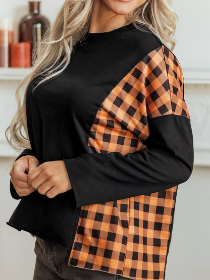 Patchwork Plaid Pumpkin Face Long Sleeve Top - Black - View 4