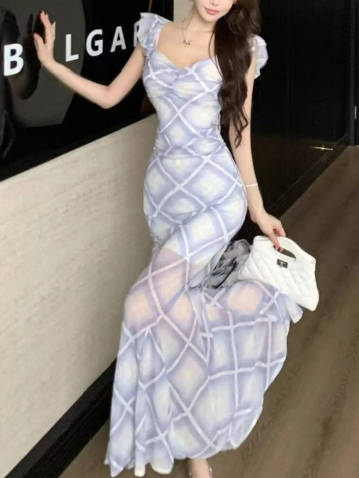 Plaid Ruffle Cap Sleeve Bodycon Maxi Dress - Blue - View 16