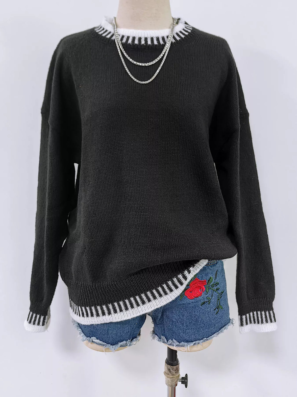 Contrast Trim Crew Neck Drop Shoulder Sweater - Black - View 7
