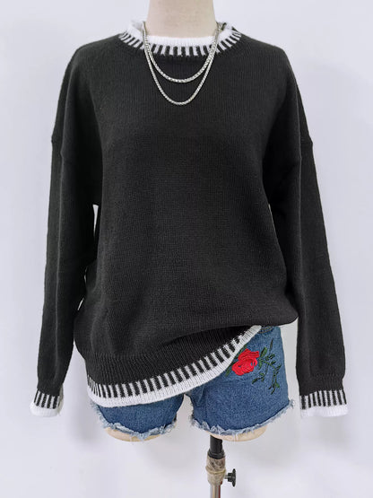 Contrast Trim Crew Neck Drop Shoulder Sweater - Black - View 7