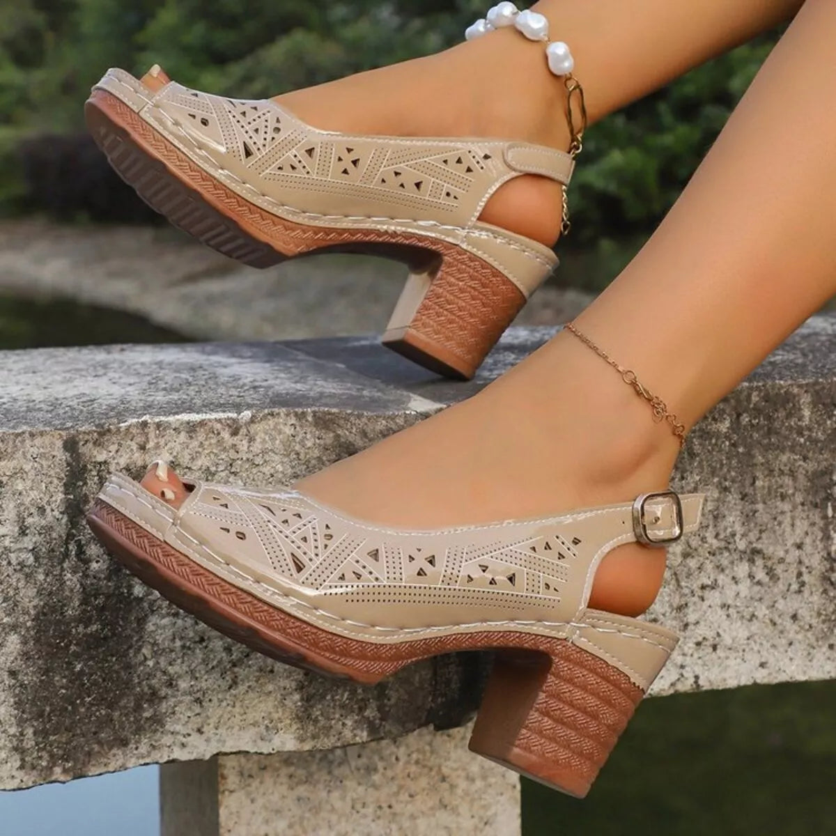 Open Toe Block Heels Sandals - Khaki Color - View 3