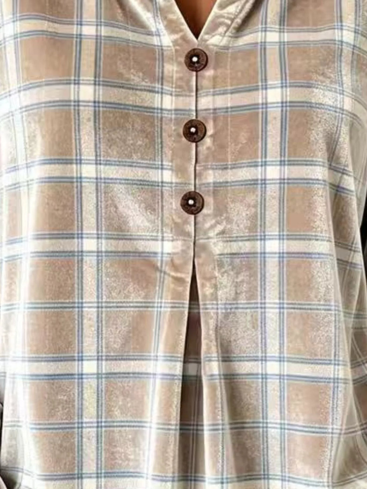 Full Size Plaid Velvet Flounce Sleeve Blouse Plus Size - Mocha - View 2