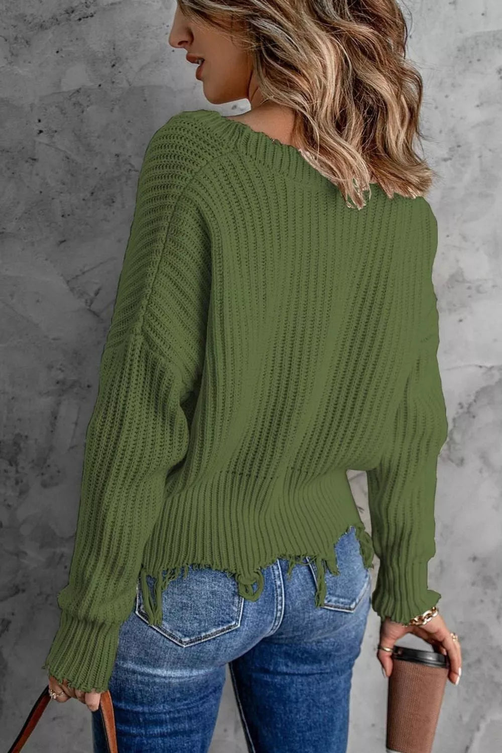 Full Size Raw Hem V-Neck Sweater Plus Size - Army Green - View 2