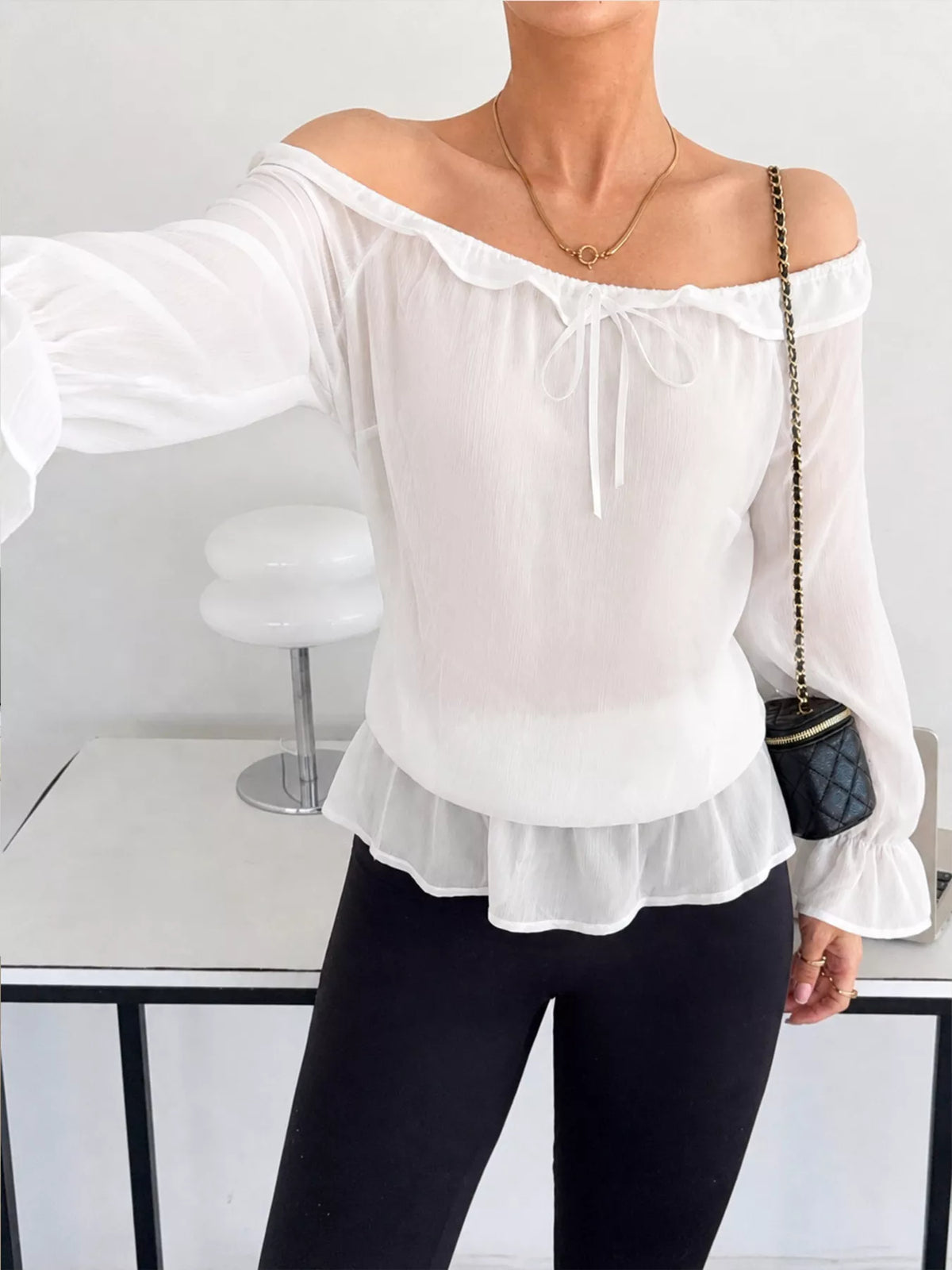 Off-Shoulder Flounce Sleeve Chiffon Blouse - White - View 2