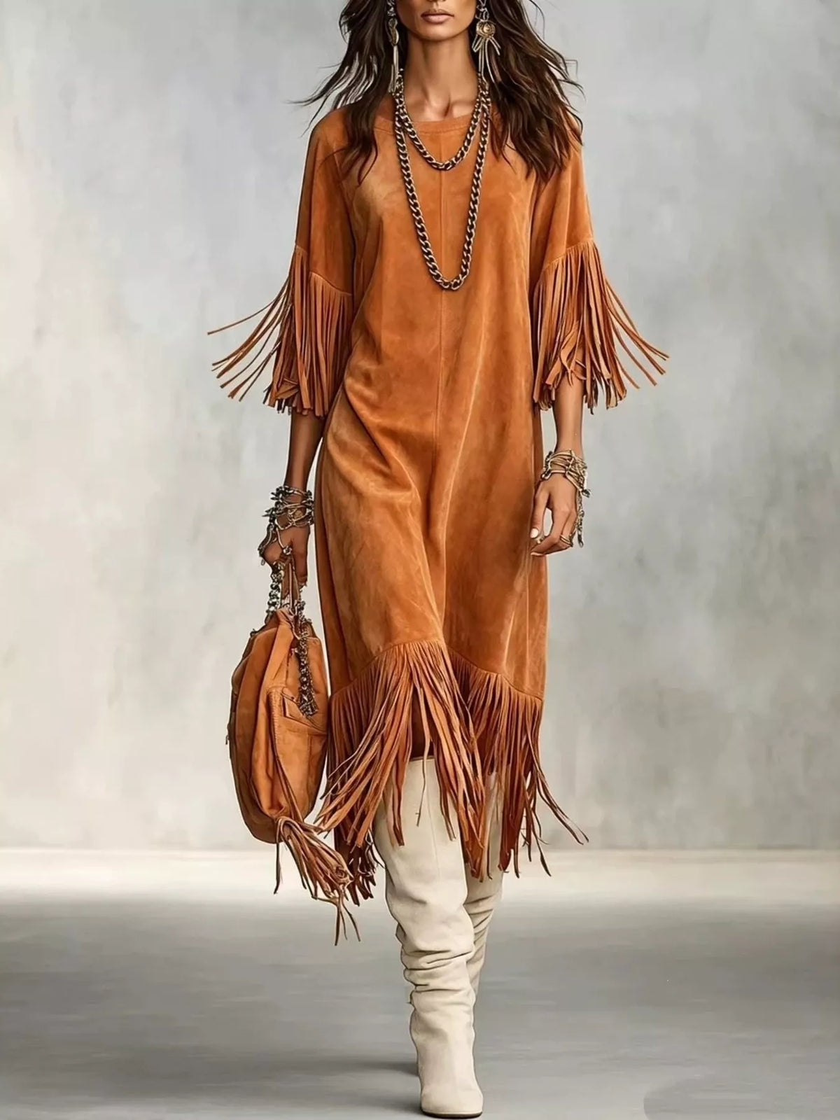 Fringed Round Neck Midi Dress - Green - View 2