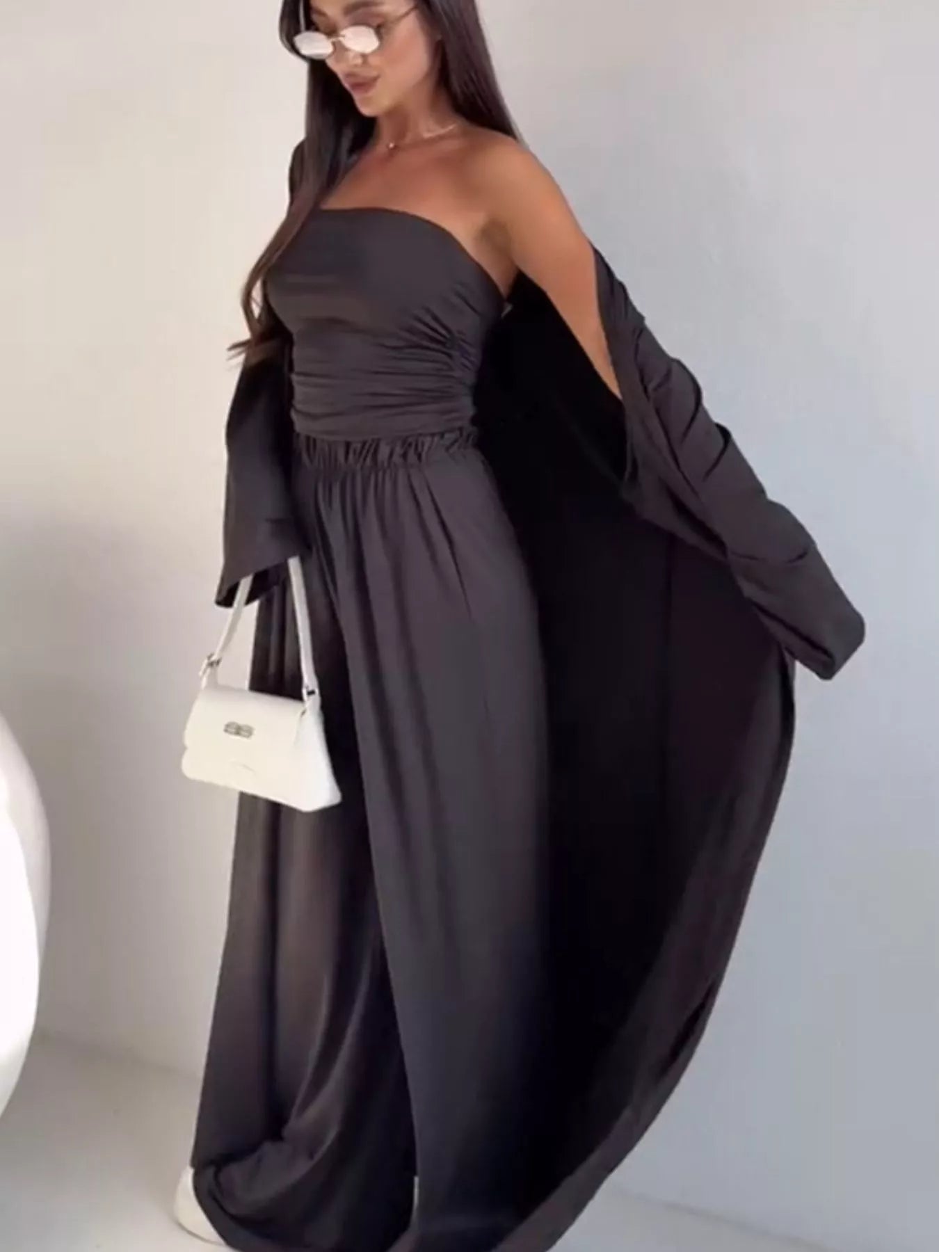 Tube Top & Cardigan & Wide Leg Pants 3-Piece Set - Dark Gray - Styled Side Front View
