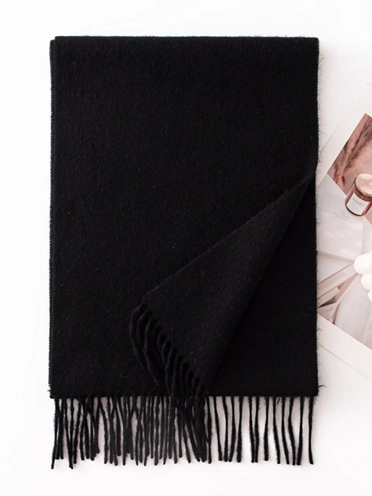 Solid Color Fringe Scarf - Black - View 5