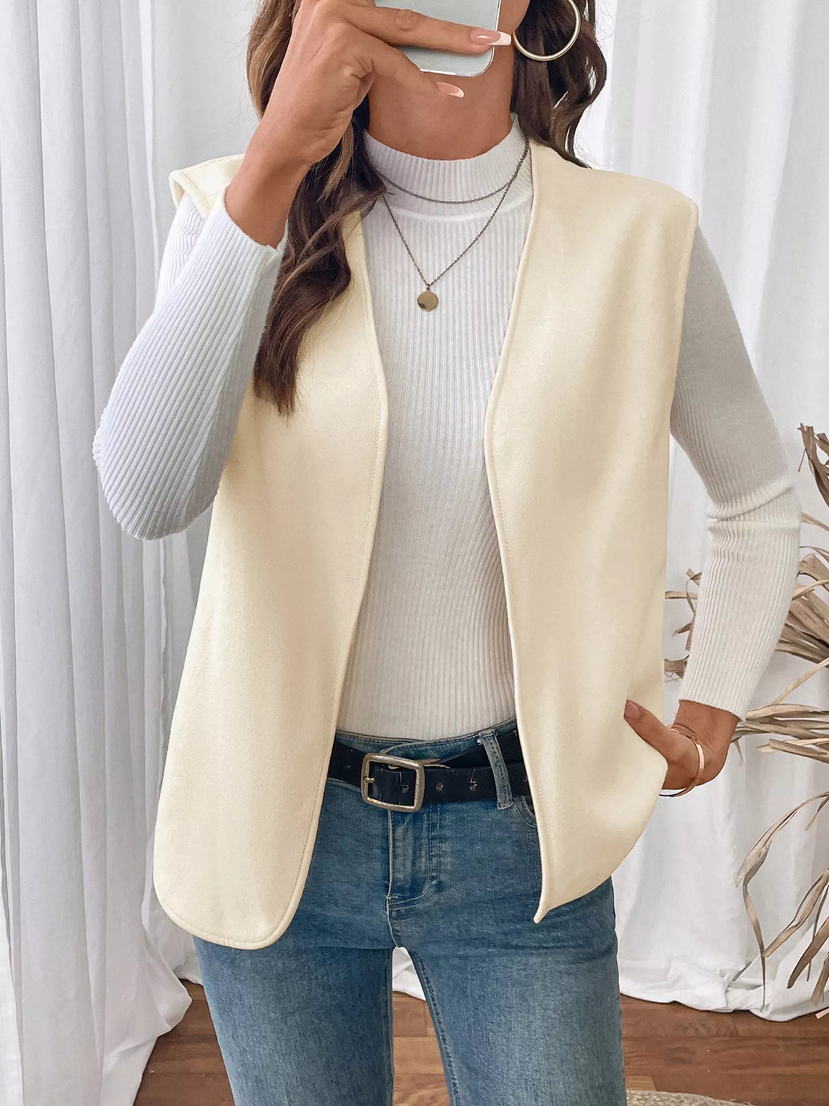 Full Size Open Front Vest Coat Plus Size - Apricot - View 5