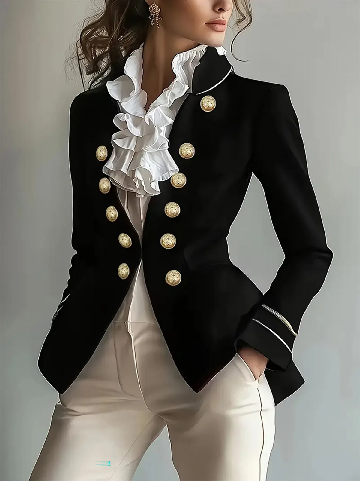 Decorative Button High-Low Blazer with Cuff Trim - Black - View 1