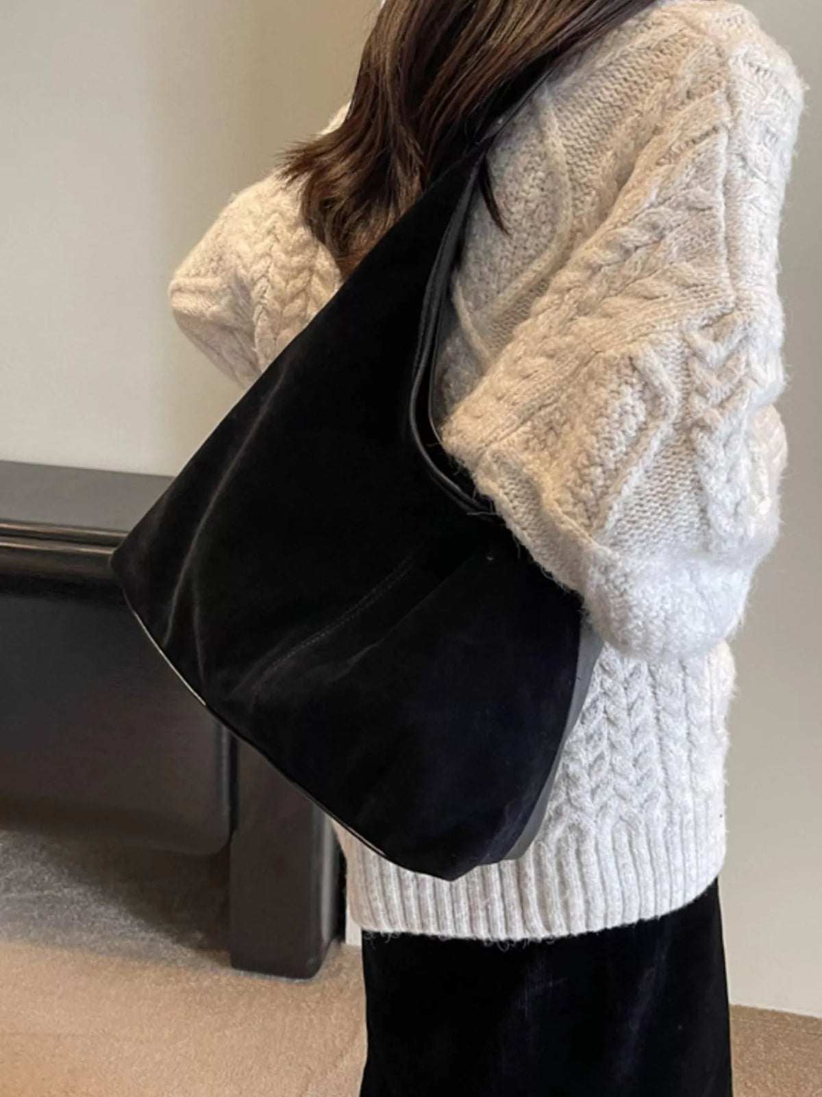 Suede Hobo Shoulder Bag - Black - View 4