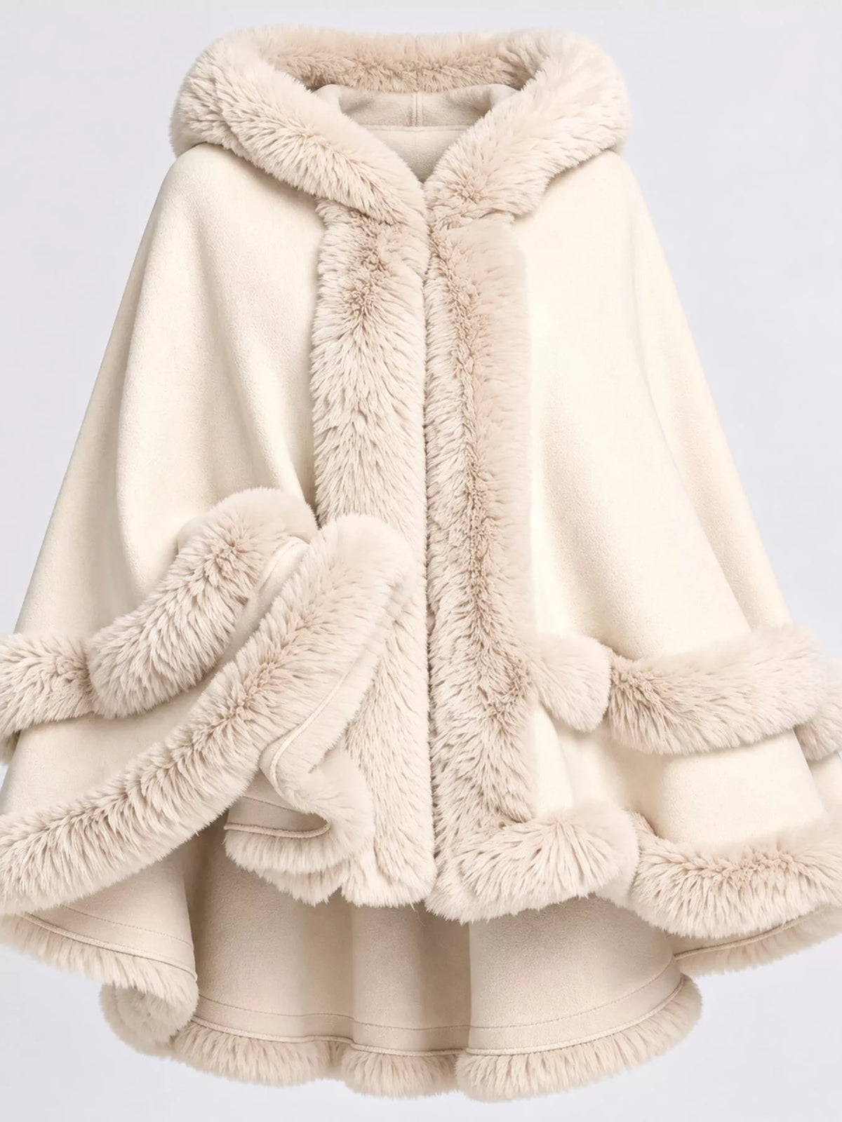 Faux Fur Trimmed Hooded Cape - Beige - View 28