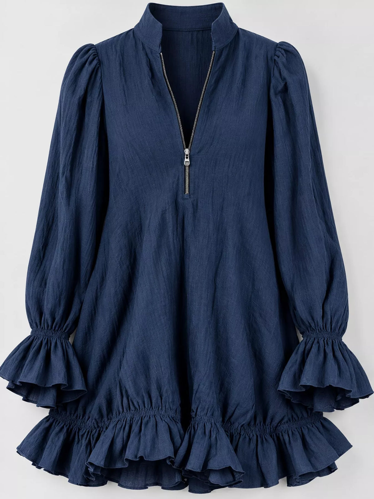 Zipper-Front Ruffle Hem Mini Dress - Navy - View 20