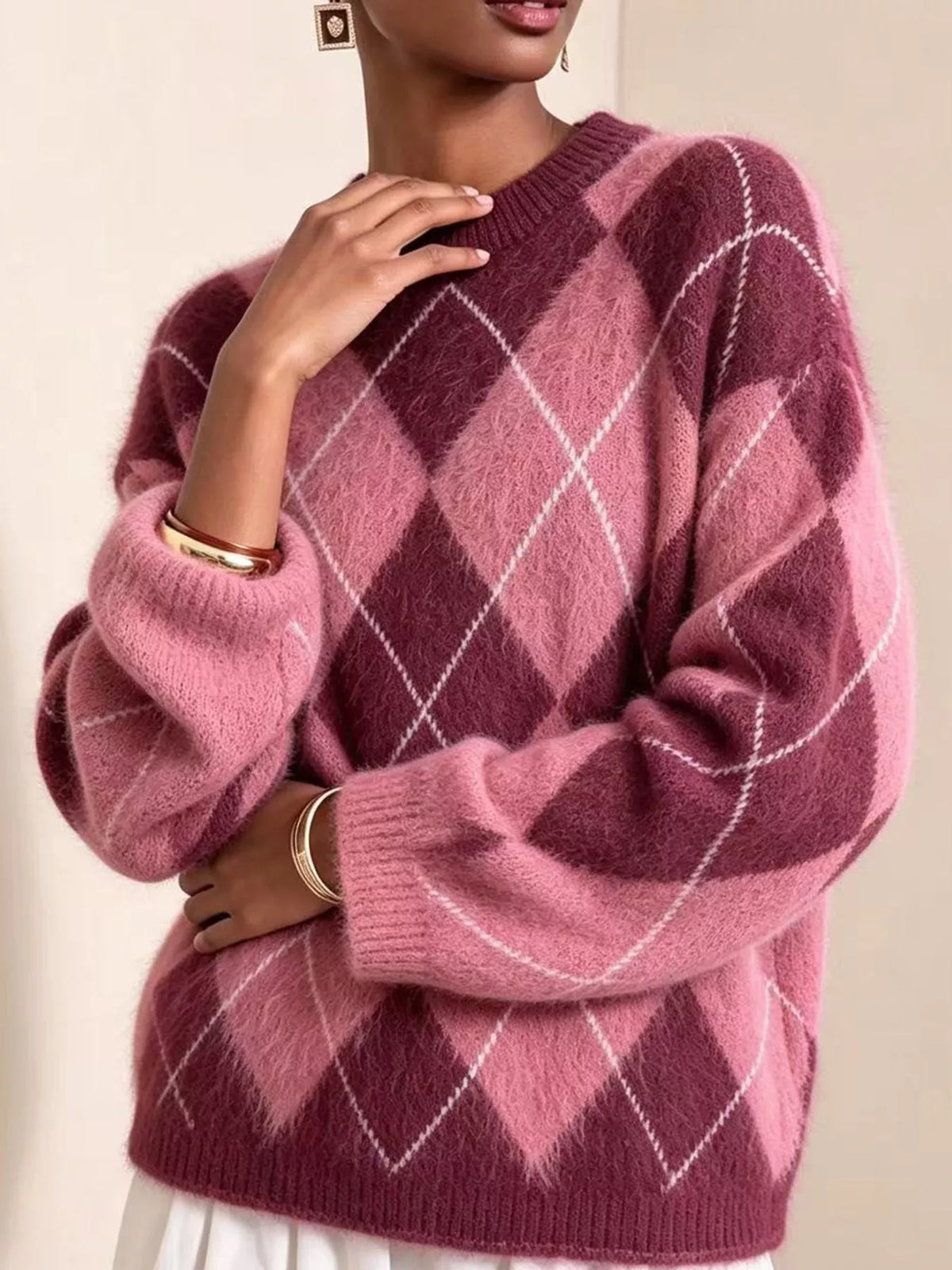 Argyle Pattern Fuzzy Knit Sweater - Fuchsia Red - View 9