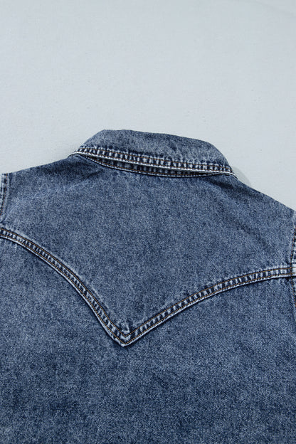 Ashleigh Blue Solid Denim Button Front Pocket Sleeveless Cowboy Vest - Ashleigh Blue - 11