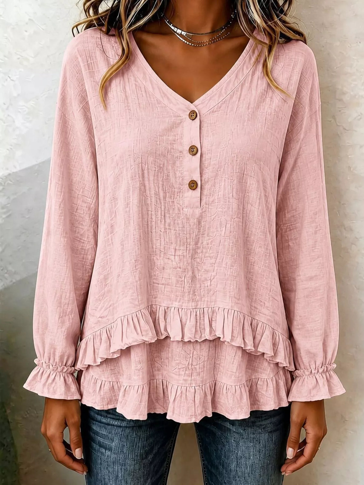 V-Neck Long Sleeve Button Detail Ruffled Hem Blouse - Pink - View 1