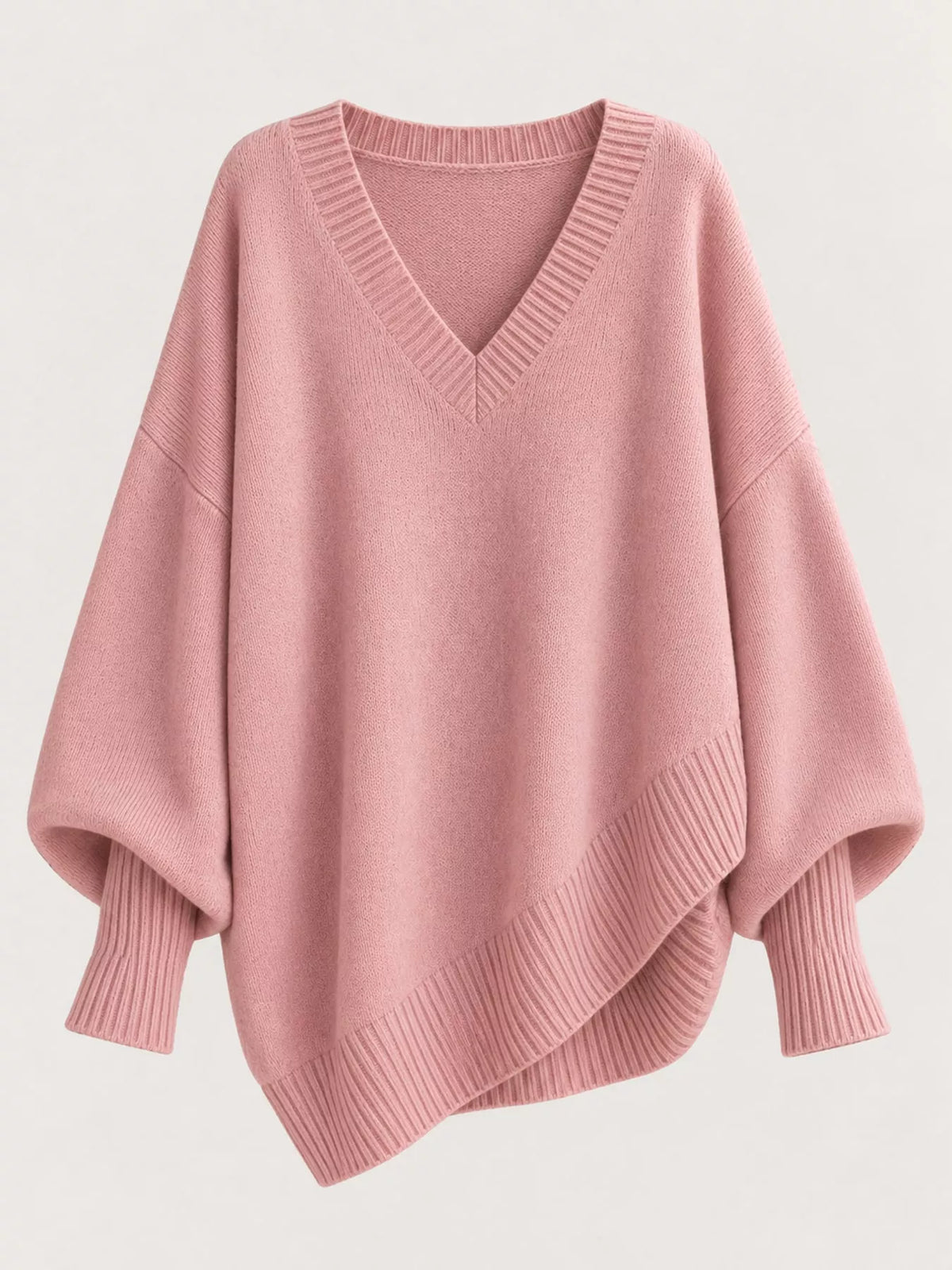 Full Size V-Neck Oversized Batwing Sleeve Sweater Plus Size - Pink - View 33