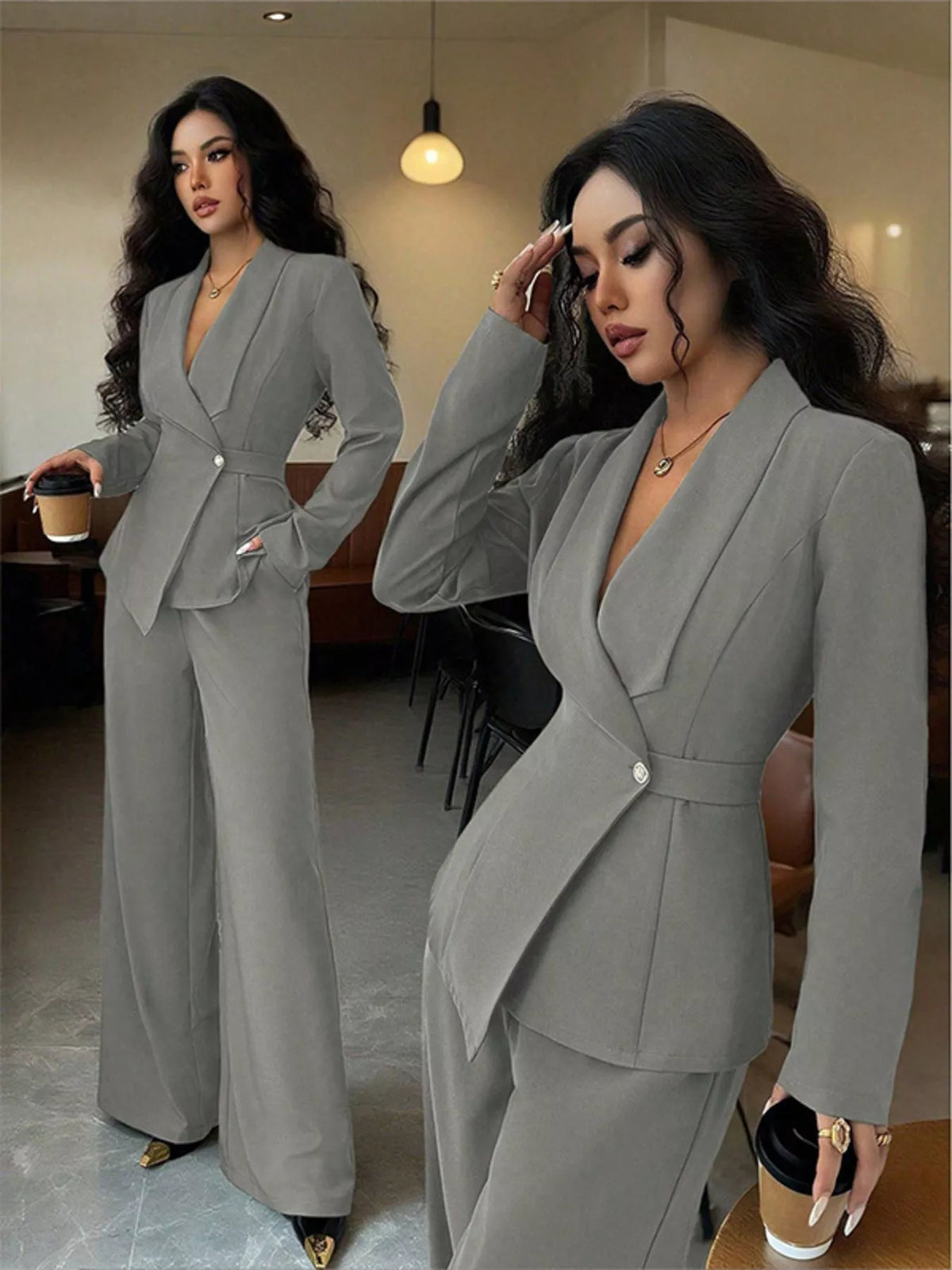 One Button Blazer and Pants Set - Gray - View 18