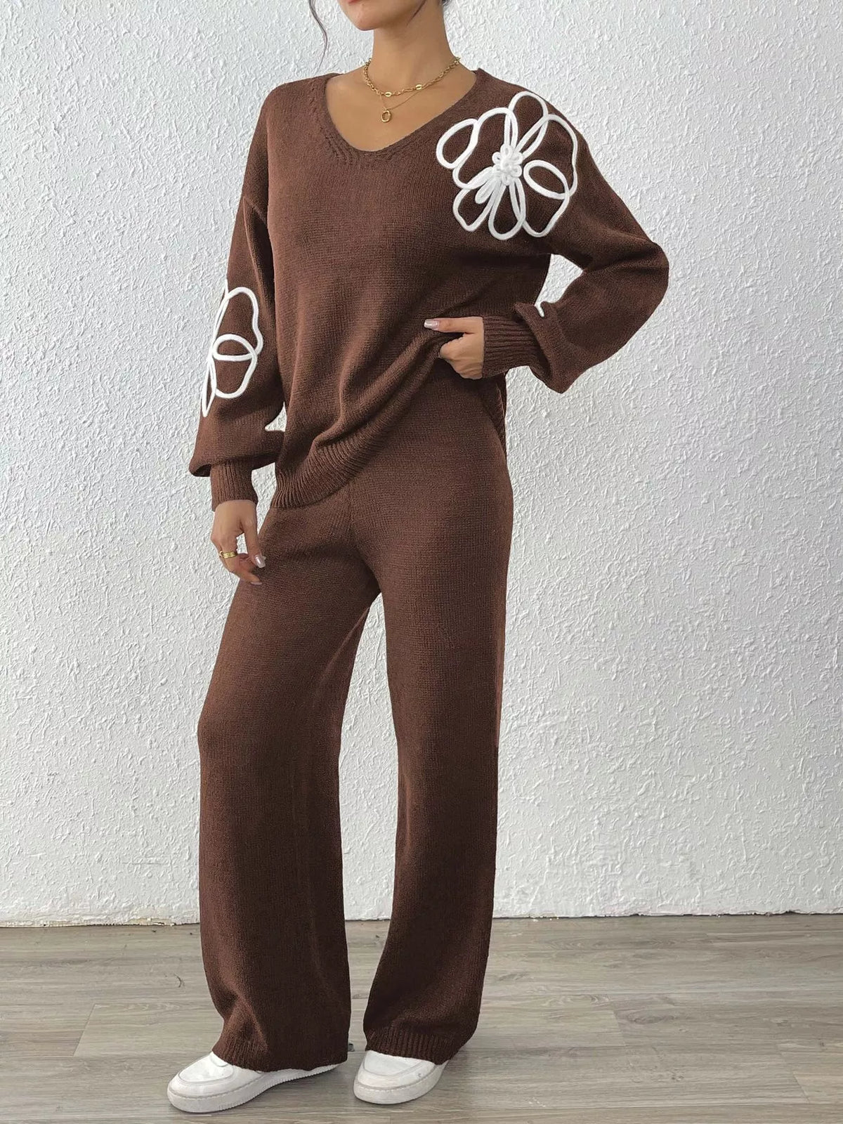 V-Neck Dropped Shoulder Top and Pants Sweater Set - Brown - View 4