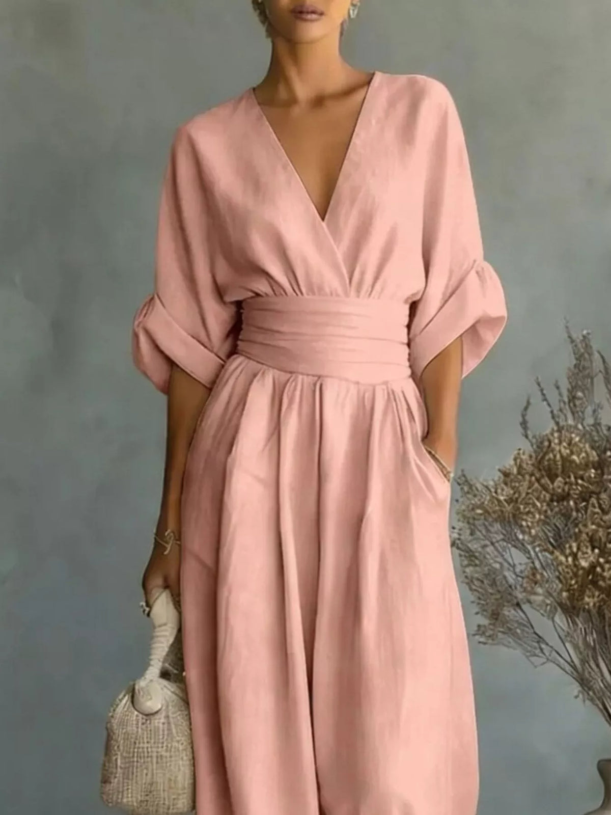 Full Size Half Sleeve Wide-Leg Jumpsuit Plus Size - Dusty Pink - View 2