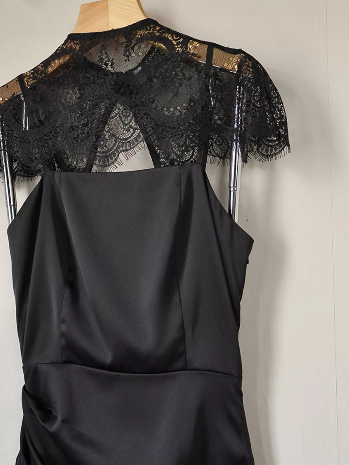 Satin Mini Dress with Lace Detachable Cape - Black - View 8