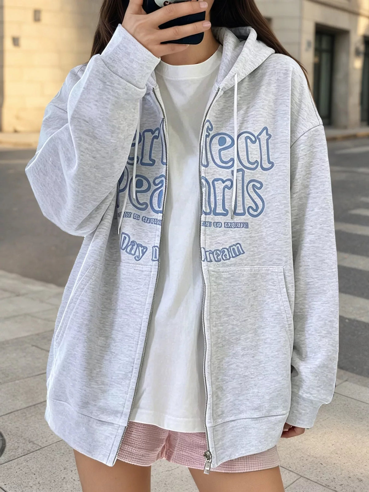 Letter Graphic Zip-Up Hoodie - Gray - View 1