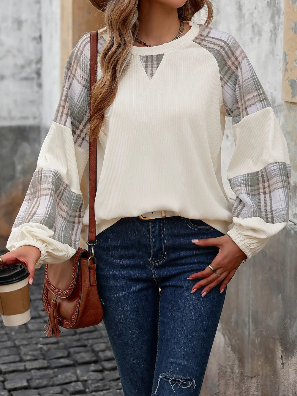 Perfee Plaid Round Neck Long Sleeve Sweatshirt - Cream - Styled Three Quarter Front View