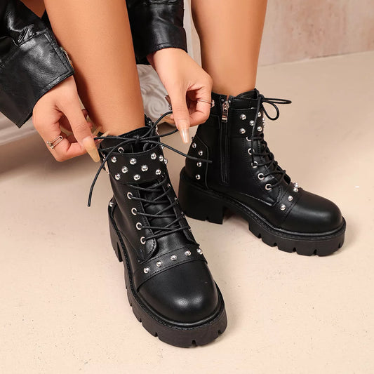 Round Toe Block Heels Boots - Black - View 1