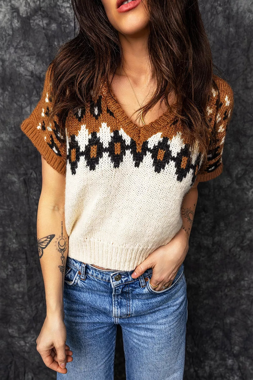 V Neck Short Sleeve Geometric Sweater - Brown - View 3