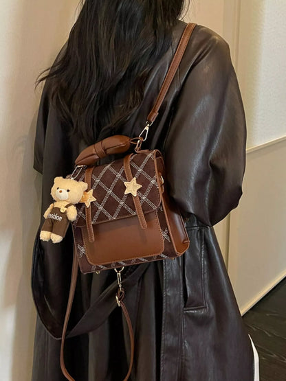 Vintage Diamond Pattern Backpack Bag - Brown - View 5