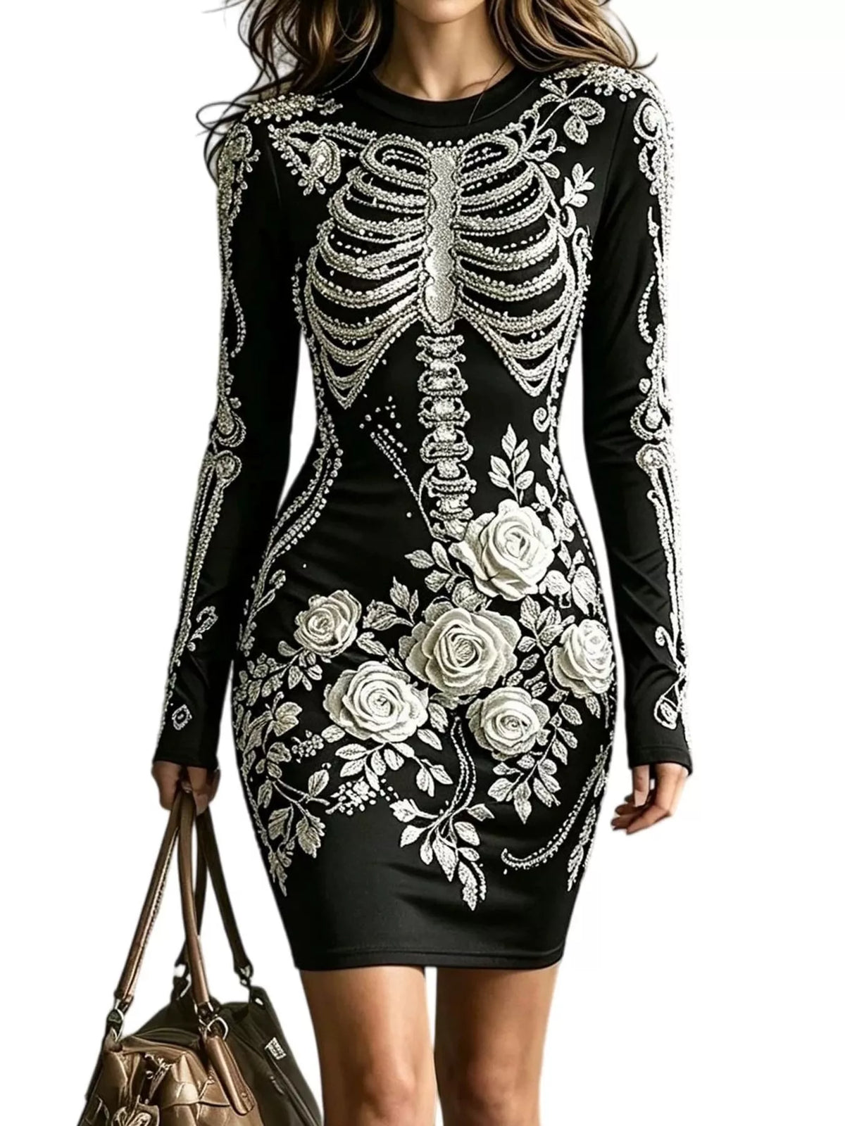 Skeleton Floral Long Sleeve Bodycon Dress - White - View 2
