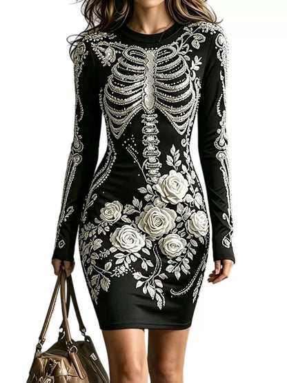 Skeleton Floral Long Sleeve Bodycon Dress - White - View 2