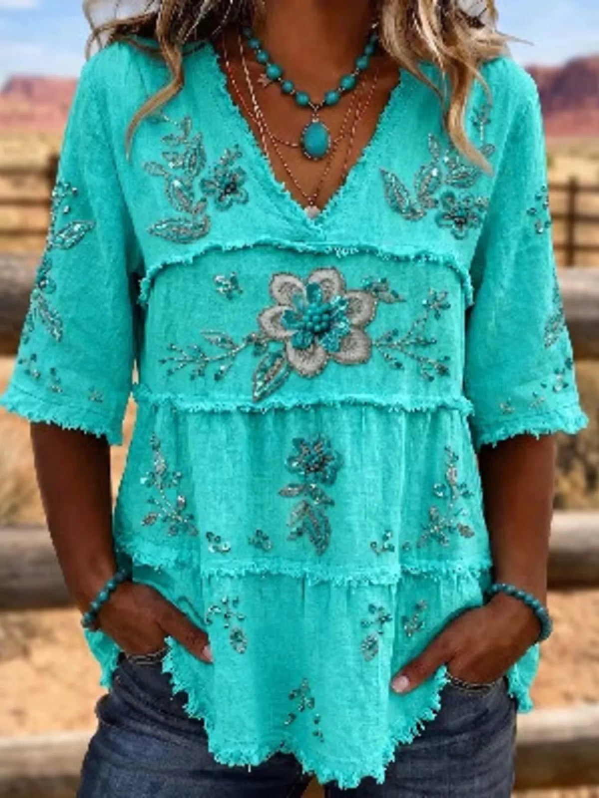 Full Size Floral Raw Hem V-Neck Blouse Plus Size - Turquoise - View 7