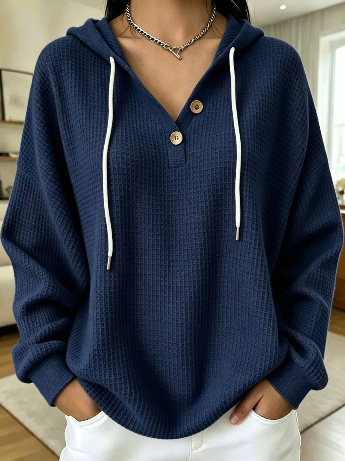 Full Size Waffle Knit Button Detail Hoodie Plus Size - Dark Blue - View 35