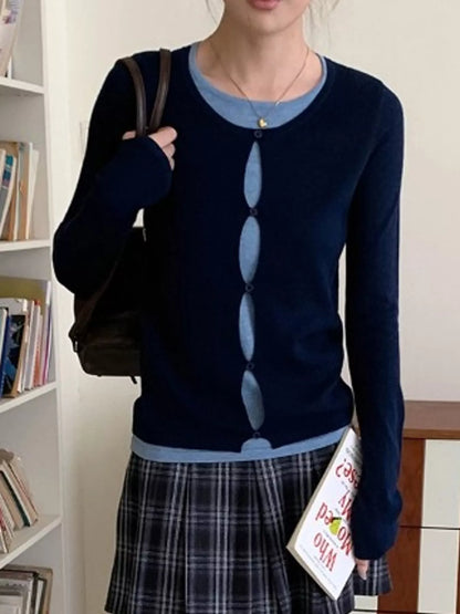 Layered Look Long Sleeve Knit Top - Navy - View 2