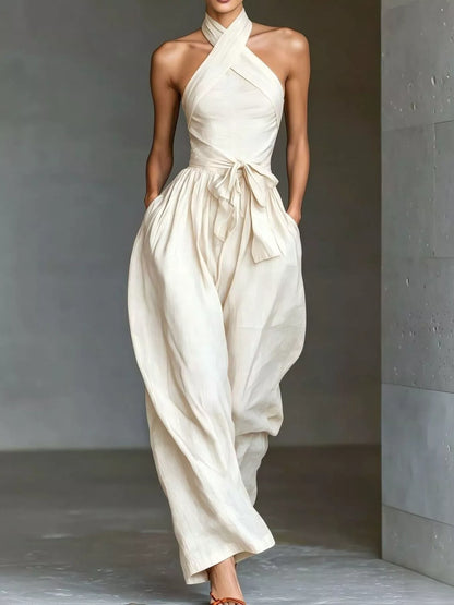 Halter Neck Wide-Leg Jumpsuit with Waist-Tie Detail - Milky White - View 1