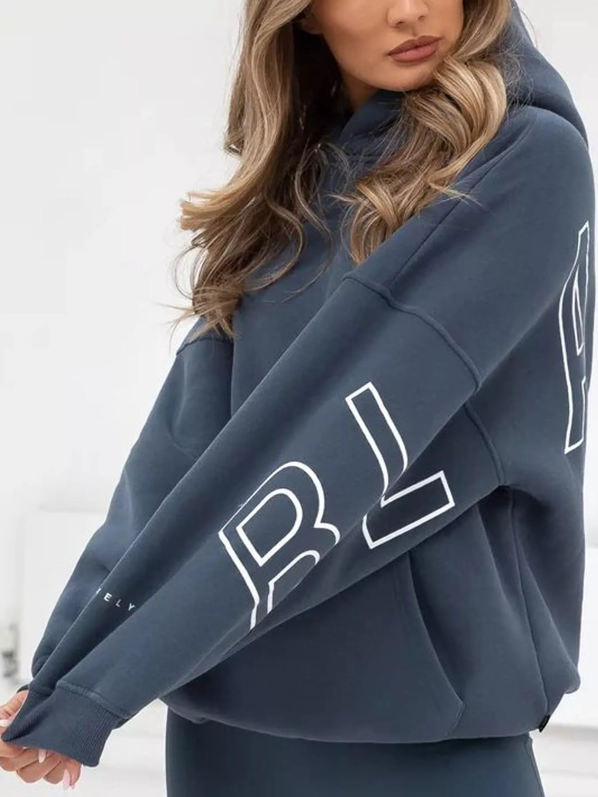 Letter Back Hoodie with Kangaroo Pocket - Ocean Blue - View 9