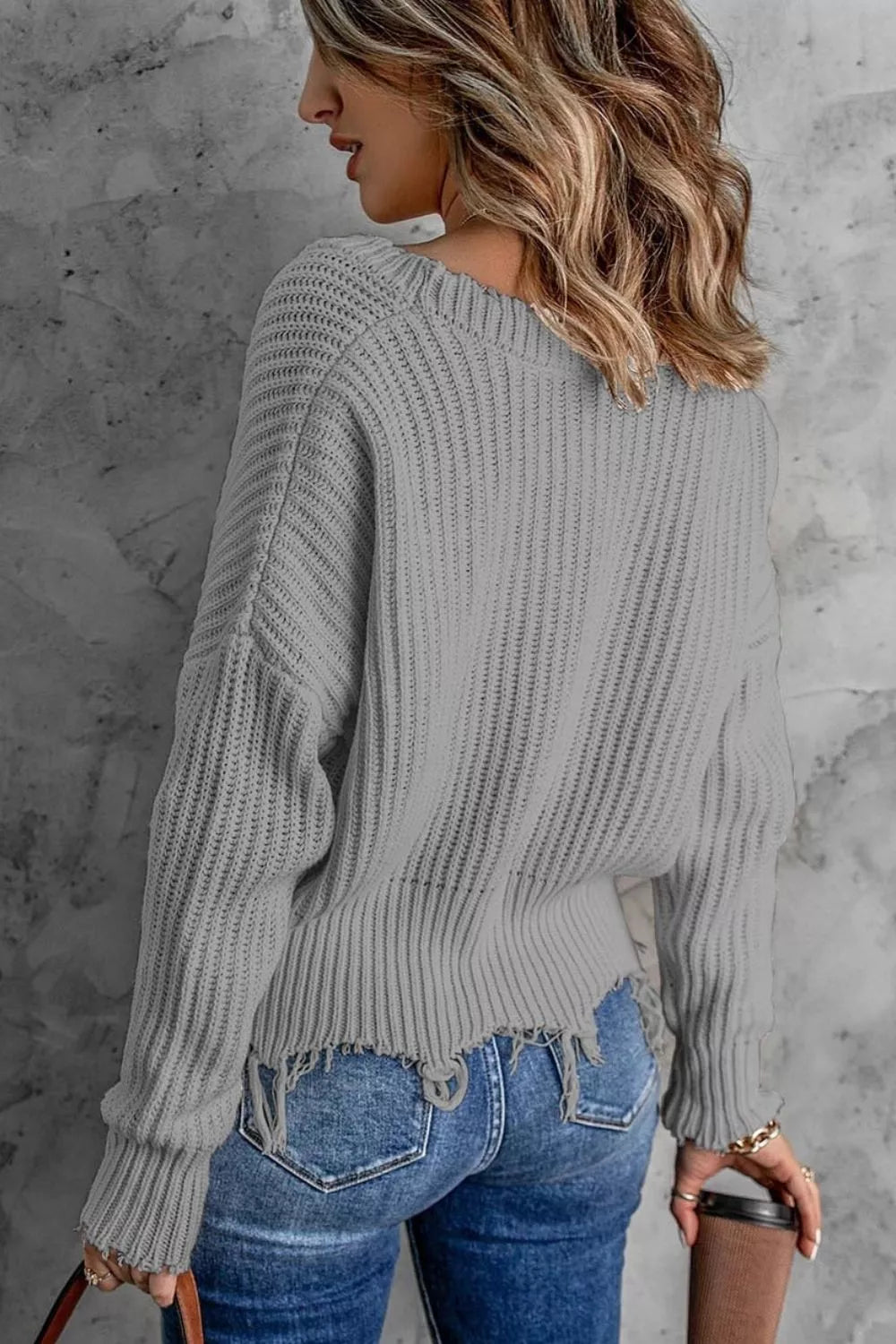 Full Size Raw Hem V-Neck Sweater Plus Size - Gray - View 2