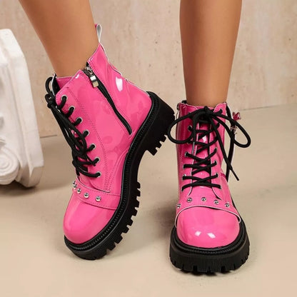 Round Toe Lace Up Boots - Fuchsia Pink - View 2
