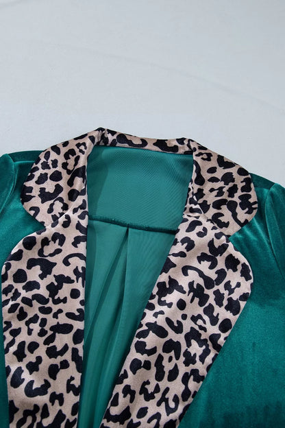Velvet Contrast Leopard Print Lapel Collar Open Front Cardigan - Deep Teal - View 7