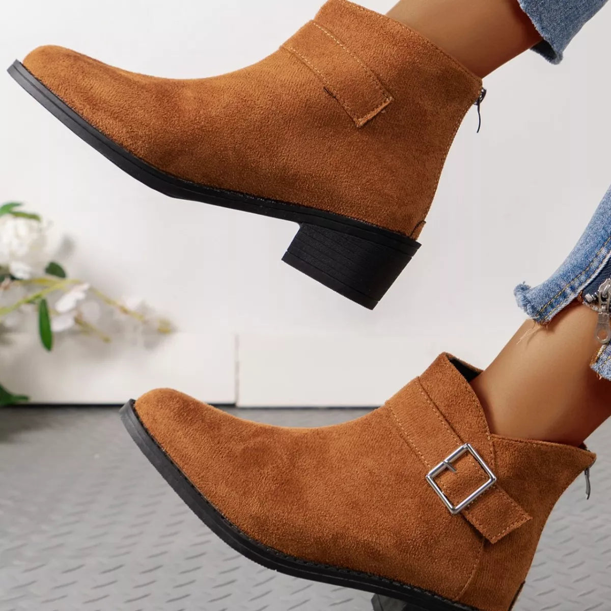 Point Toe Block Heels Boots - Brown - View 5