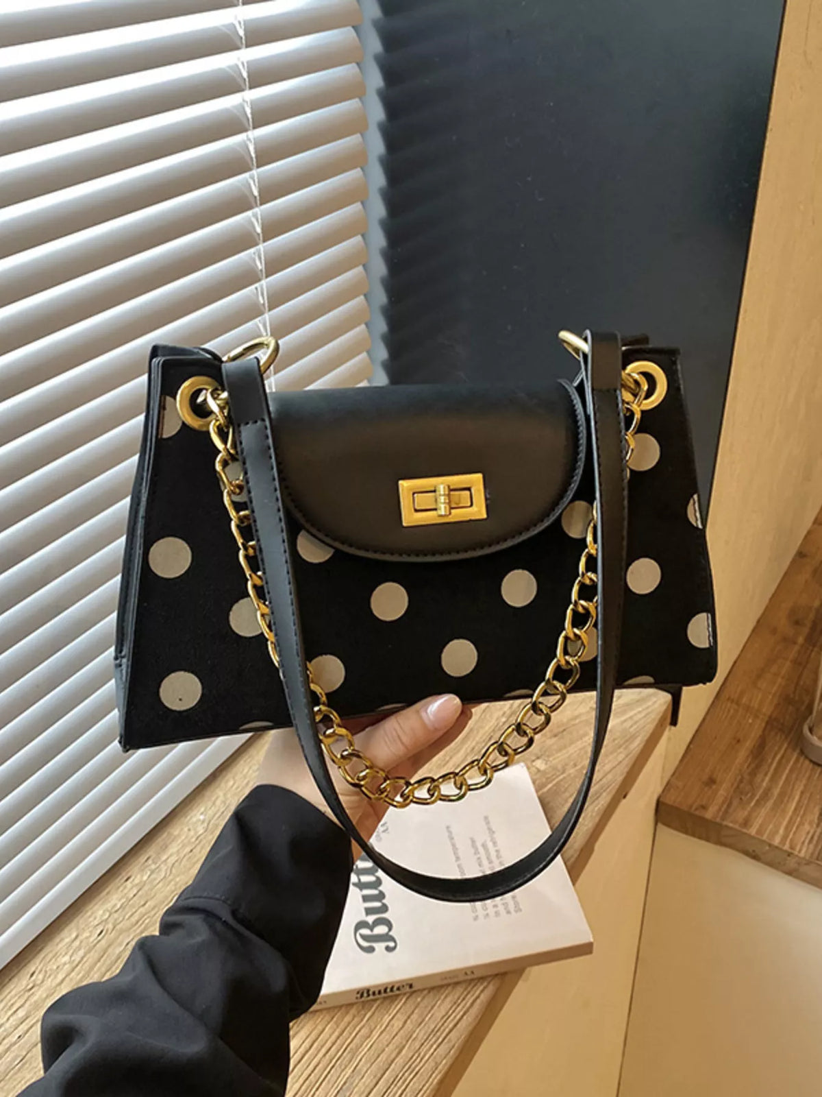 Polka Dot Shoulder Bag - Black - View 7