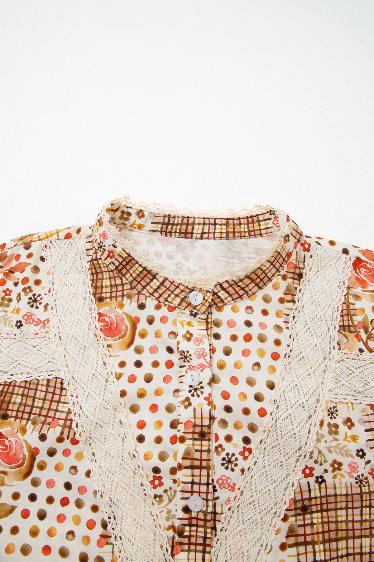 Brown Floral Lace Trim Button Down Long Sleeve Shirt - Brown - 8