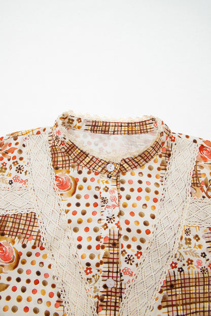 Brown Floral Lace Trim Button Down Long Sleeve Shirt - Brown - 8