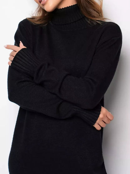 Turtleneck Ribbed Knit Sweater Dress - Black - View 2