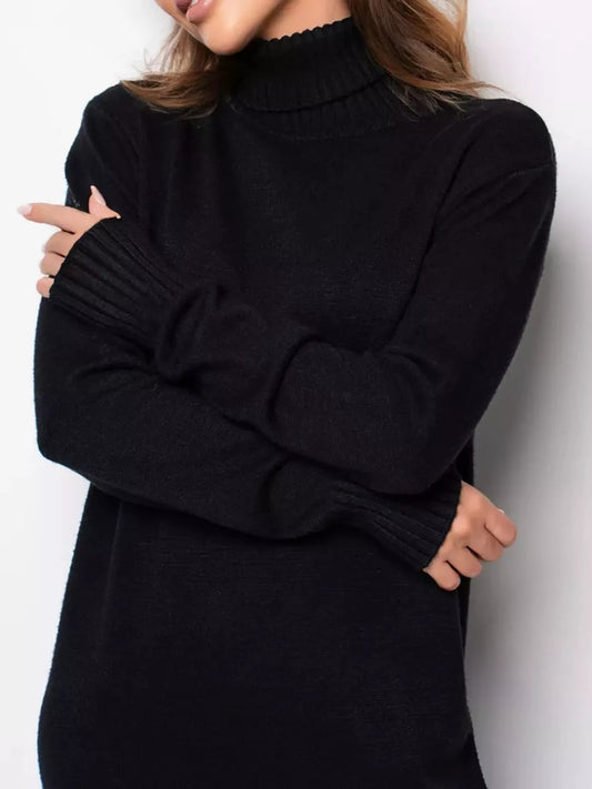 Turtleneck Ribbed Knit Sweater Dress - Black - View 2