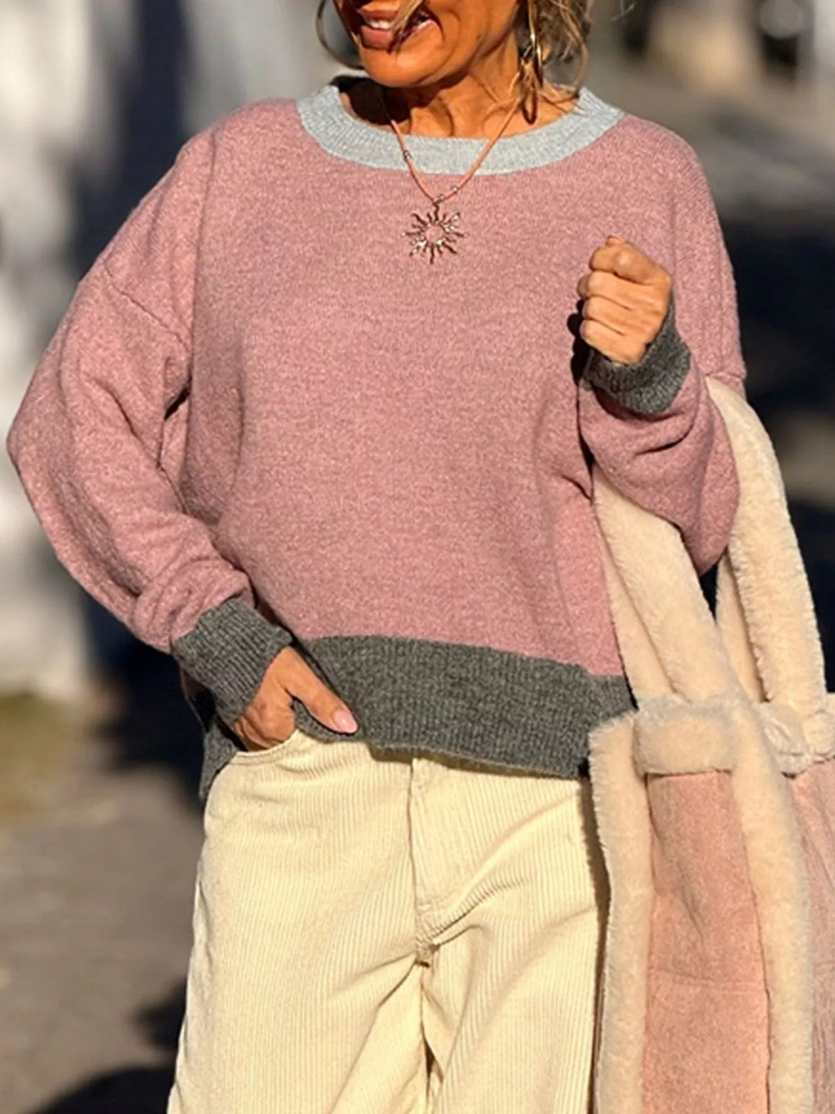 Contrast Trim Crew Neck Sweater - Sky Blue - View 4